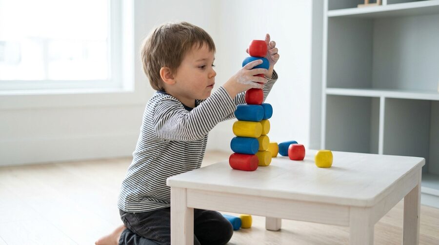 A preschool child stacking large chunky building blocks into a tower at a low table