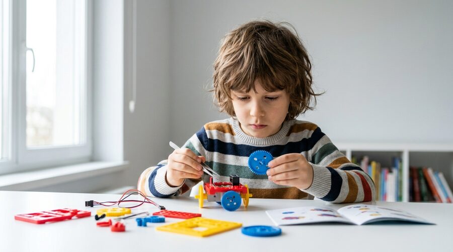 A child assembling a small robot from a STEM kit at a desk, holding a plastic gear