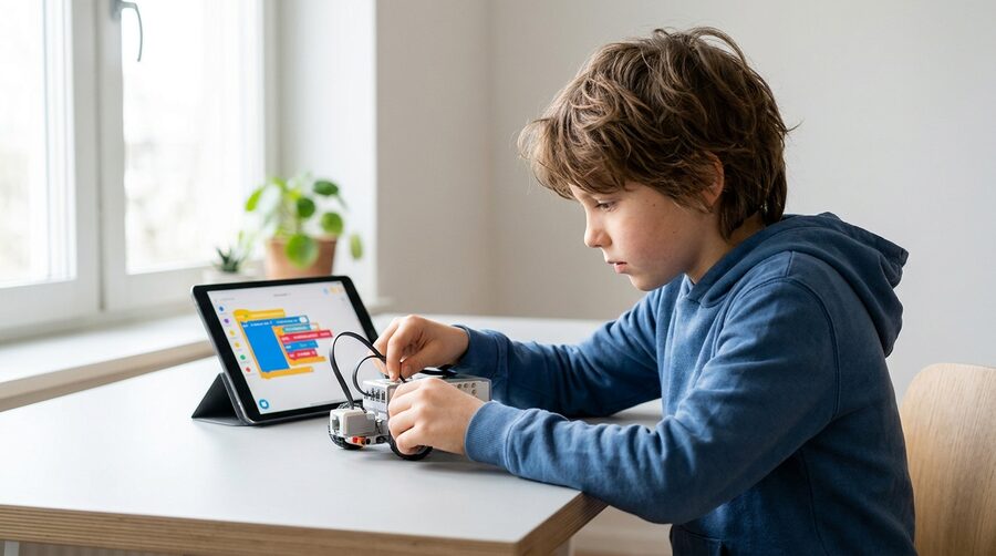 A child adjusting a programmable robot next to a tablet showing block-based code